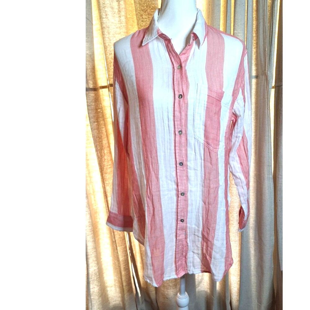 Rails Jaylin Ladies Button Up Long Tail Pink and White Striped Shirt Size S
